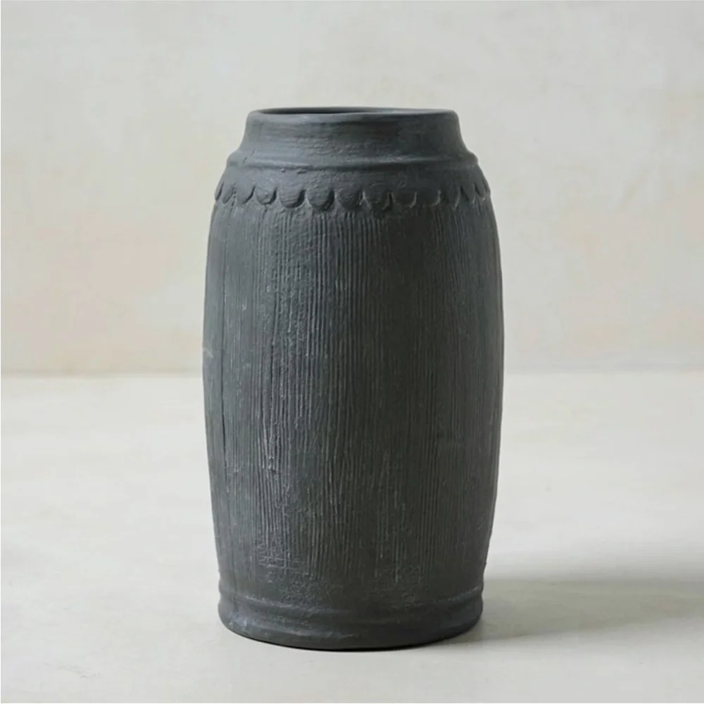 Magnolia Scalloped Black Vase - Small - Distressed Finish, Ceramic